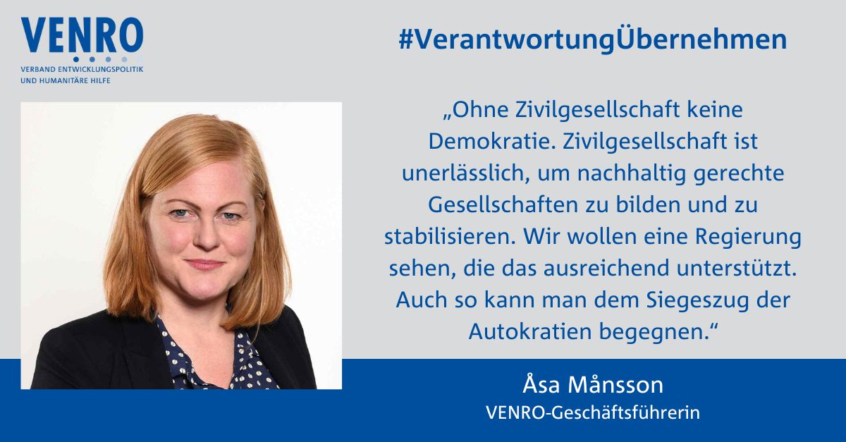 venro_eV's tweet photo. 4. Kernforderung an eine neue Bundesregierung:

Die künftige Bundesregierung setzt sich weltweit für den Schutz, die Stärkung und die Beteiligung zivilgesellschaftlicher Organisationen und Menschenrechtsverteidiger_innen ein. #VerantwortungÜbernehmen #BTW2025 #WeltWeitWichtig https://t.co/hwfGarwgWW