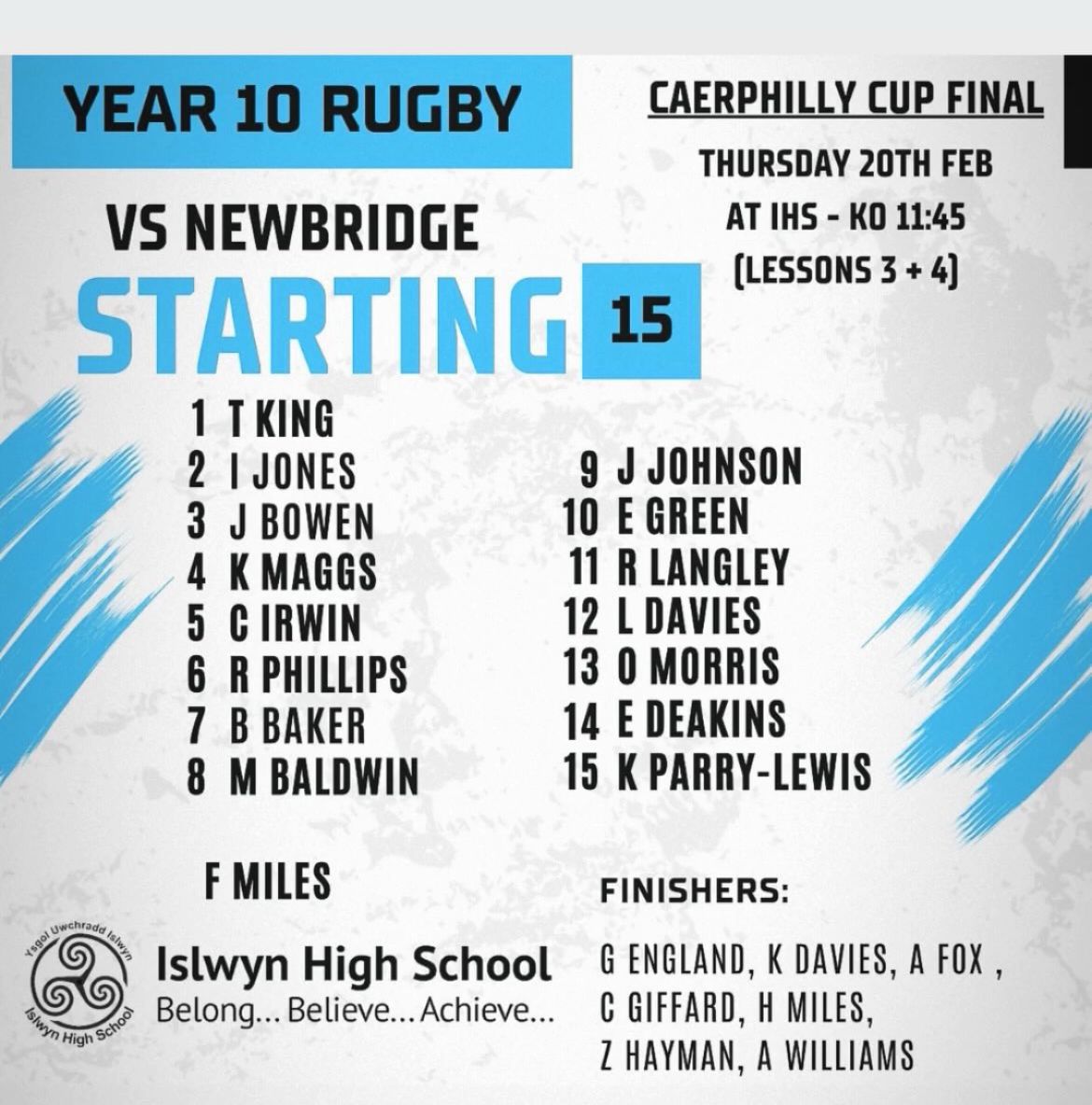 Goodluck to couple our boys in first final of the year .

Go well 👏 💪💙