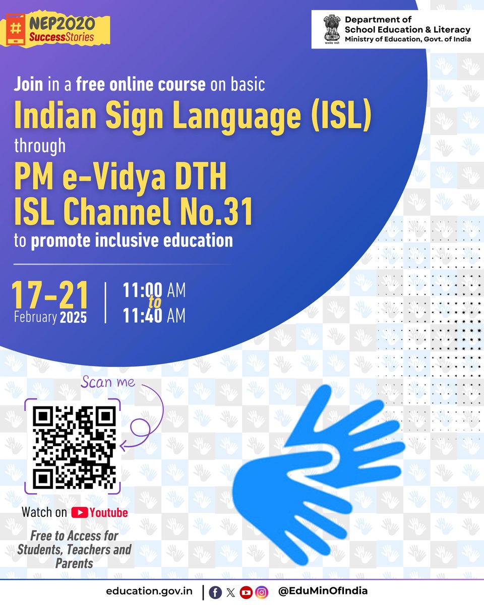 The National Education Policy (NEP)2020 recognizes Indian Sign Language (ISL) as a language and recommends preparation of curricular material in ISL. 

In alignment with this vision and the commitment of the Department of School Education &amp; Literacy to promote an inclusive