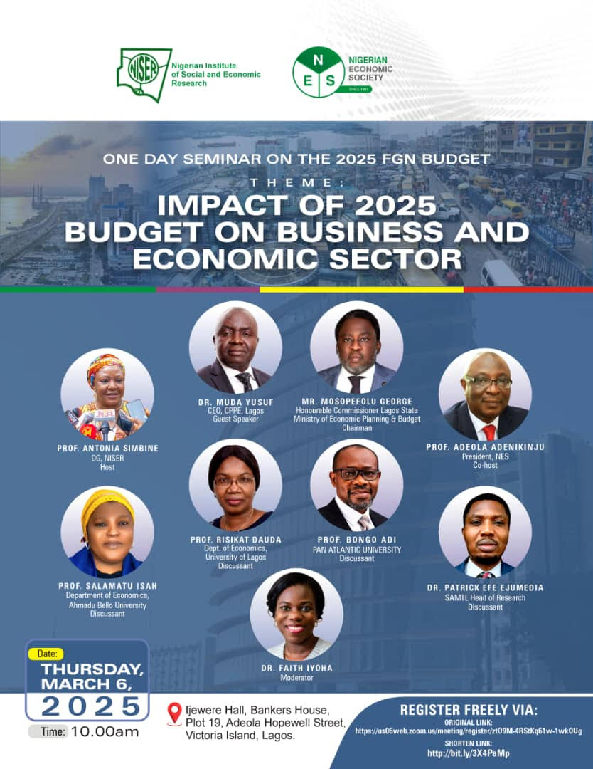 Nigerian Institute of Social & Economic Research (@niserofficial) on Twitter photo <a href="/NISEROfficial/">Nigerian Institute of Social & Economic Research</a> & <a href="/NESNigeria/">Nigerian Economic Society</a> cordially invite you to a 1-day seminar on the impact of the 2025 FGN Budget on Business & the Economic Sector.
Date: March 6, 2025
Register to attend on-site or online at bit.ly/3X4PaMp <a href="/NISEROfficial/">Nigerian Institute of Social & Economic Research</a> & <a href="/NESNigeria/">Nigerian Economic Society</a> cordially invite you to a 1-day seminar on the impact of the 2025 FGN Budget on Business & the Economic Sector.
Date: March 6, 2025
Register to attend on-site or online at bit.ly/3X4PaMp