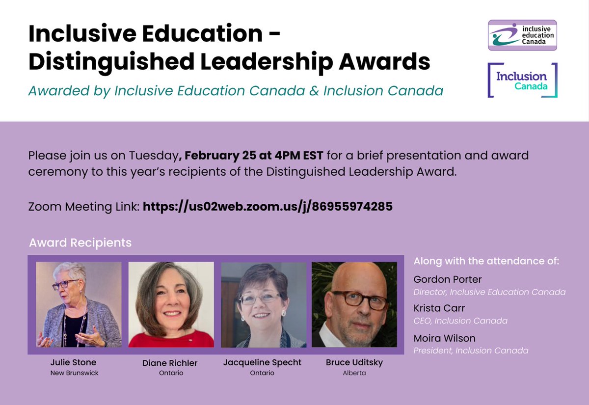 CRC Inc Ed (@inclusiveed) on Twitter photo 🏆A HUGE congratulations to our Centre Director, <a href="/JacquelineSpec9/">Jacqueline Specht</a>, who has been awarded the Inclusive Education Distinguished Leadership Award from <a href="/InclusiveEdCan/">Inclusive Education</a> and <a href="/InclusionCA/">Inclusion Canada</a>. See below for the link to the virtual ceremony, February 25th at 4:00pm EST 🎉 🏆A HUGE congratulations to our Centre Director, <a href="/JacquelineSpec9/">Jacqueline Specht</a>, who has been awarded the Inclusive Education Distinguished Leadership Award from <a href="/InclusiveEdCan/">Inclusive Education</a> and <a href="/InclusionCA/">Inclusion Canada</a>. See below for the link to the virtual ceremony, February 25th at 4:00pm EST 🎉