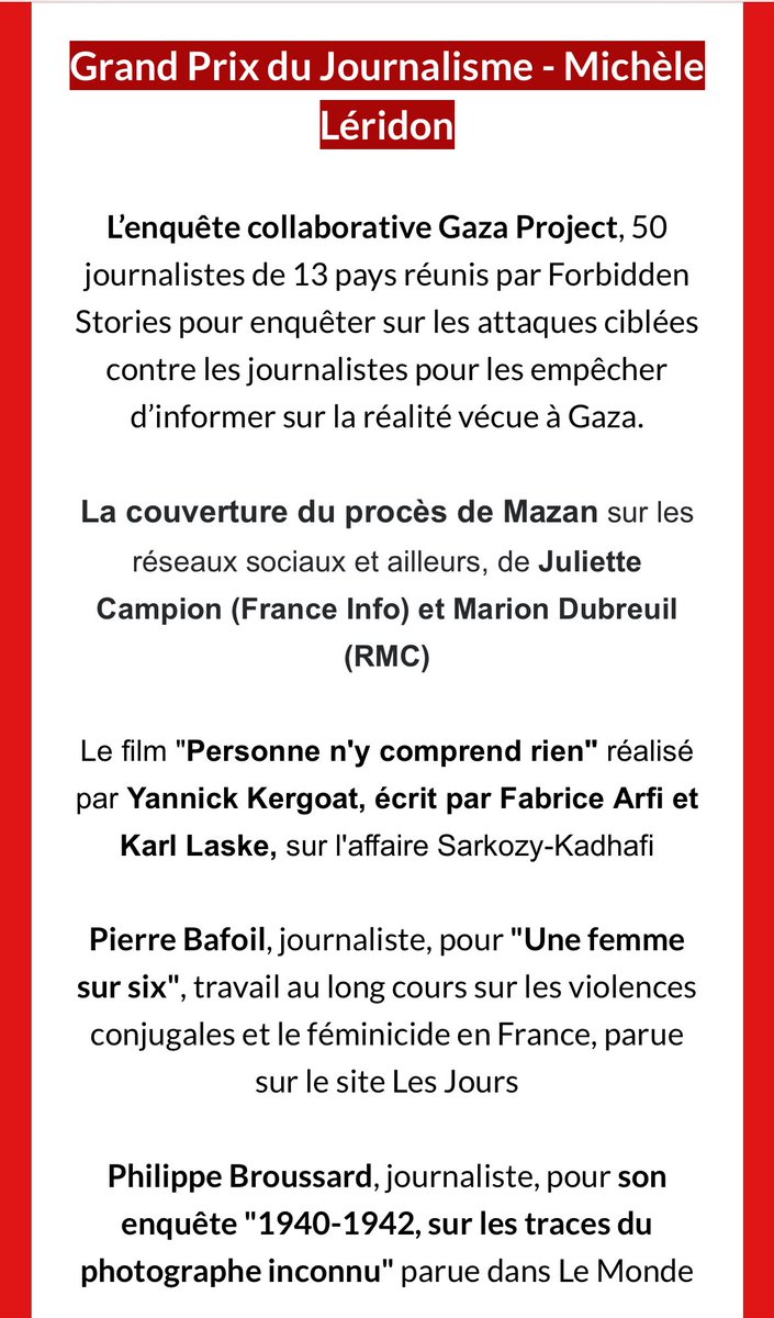 Assises du Journalisme (@lesassises) on Twitter photo Découvrez les nommé·es pour le Grand Prix Michèle Léridon
2025 🔎journalisme.com/assises-de-tou…
🏆Rendez-vous à Tours le jeudi 13 mars pour découvrir les lauréats !
▪️Merci à <a href="/celinepigalle/">Céline Pigalle</a> d’avoir accepté le rôle de Présidente de Jury pour cette 18e édition ! Découvrez les nommé·es pour le Grand Prix Michèle Léridon
2025 🔎journalisme.com/assises-de-tou…
🏆Rendez-vous à Tours le jeudi 13 mars pour découvrir les lauréats !
▪️Merci à <a href="/celinepigalle/">Céline Pigalle</a> d’avoir accepté le rôle de Présidente de Jury pour cette 18e édition !
