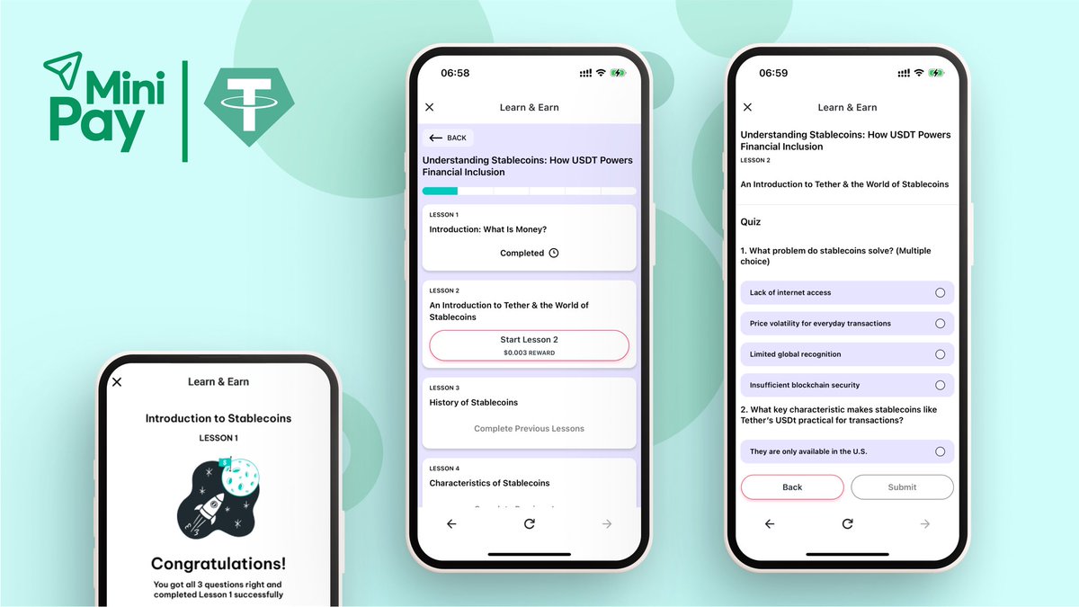 MiniPayNews's tweet image. 📢 Stablecoins 101 is a success!
One of the most popular courses in the @minipay Learn & Earn Mini App—"Understanding Stablecoins: How USDT Powers Financial Inclusion" by @Tether_Africa —is gaining strong traction.
In less than two weeks, 150,000+ users have started the course…