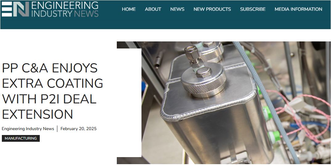 <a href="/P2iLabs/">P2i</a> coating technology specialist extends its manufacturing outsourcing partnership with PP Control &amp; Automation to help bring its new 18L machine to market delivering a solution to mobile phones medical implants and automotive electronics
<a href="/ppcanda/">PP Control & Automation</a> 
engineeringindustrynews.com/pp-ca-enjoys-e…
