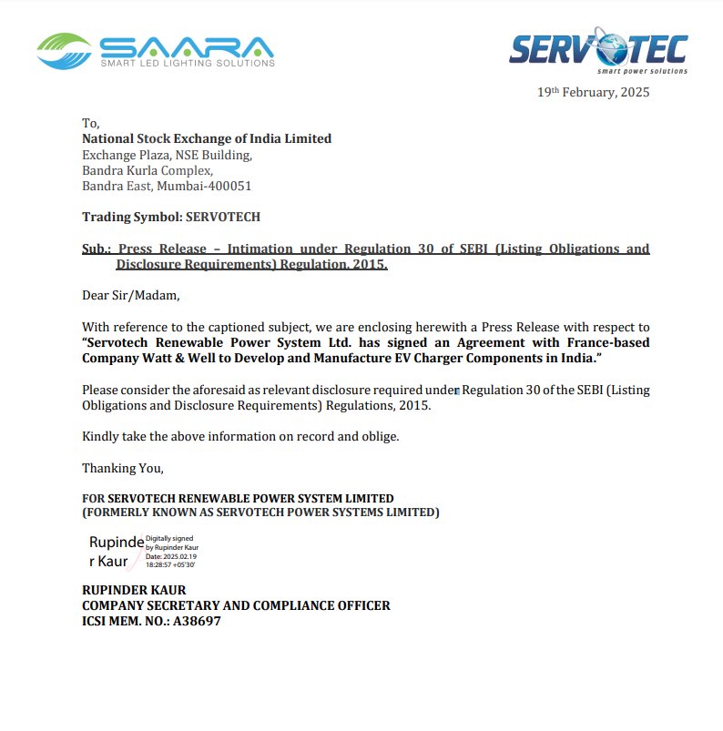 Vismaya9999's tweet image. Servotech Renewable 

Company signs agreement with France-based Watt &amp;amp; Well SAS to develop &amp;amp; manufacture EV charger components in India

#servotech