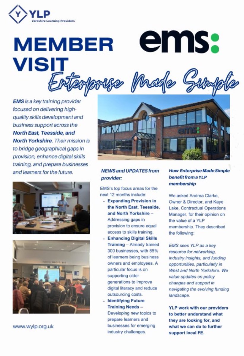 Next up for our Provider Member Visits is Enterprise Made Simple who specialise in enhancing businesses through bridging skills gaps.

Thank you to Andrea &amp; Kay for meeting with Kelly to discuss all things EMS!

#ProfessionalDevelopment #TrainingProvider #BusinessSupport