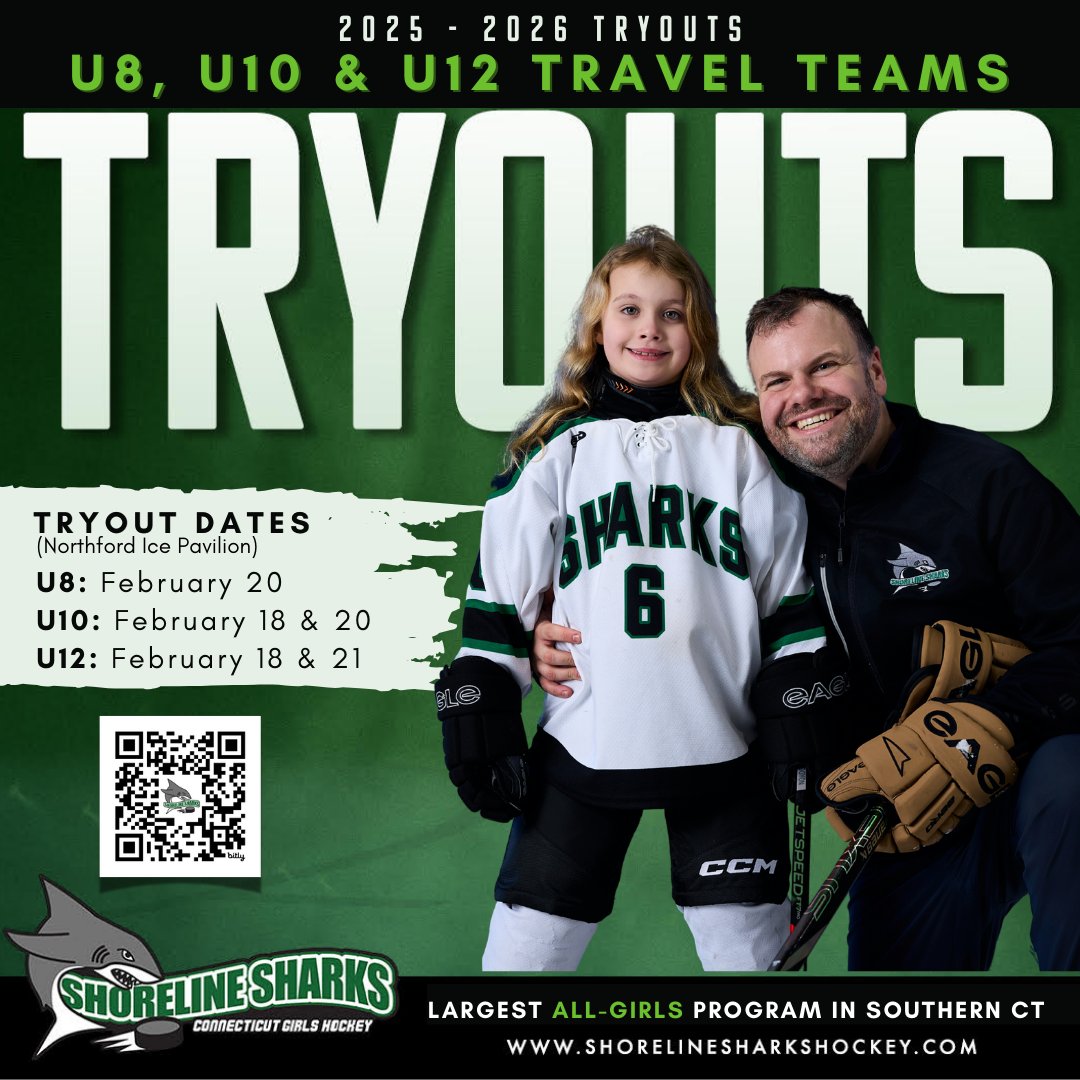 Tryouts for U8's and U10's tonight (2/20):  U8:  5 - 6 pm &amp;  U10:  6:10 - 7 pm.  

The Final U12 tryout is tomorrow (2/21): U12:  5:30 - 6:30 pm  

Register or learn more by scanning the QR code or visiting our website: bit.ly/371e9DE  

#girlshockey #palyerdevelopment