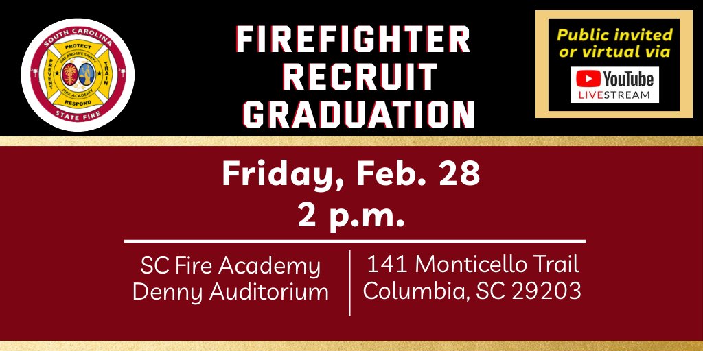 SCStateFire's tweet photo. ONE WEEK TO GO! ๐ฉโ๐๐
Recruit graduation is being held FRIDAY, Feb. 28 at 2 p.m. in SC State Fire's Denny Auditorium.
#SCFARecruit #RecruitGraduation https://t.co/YBJB451AxT