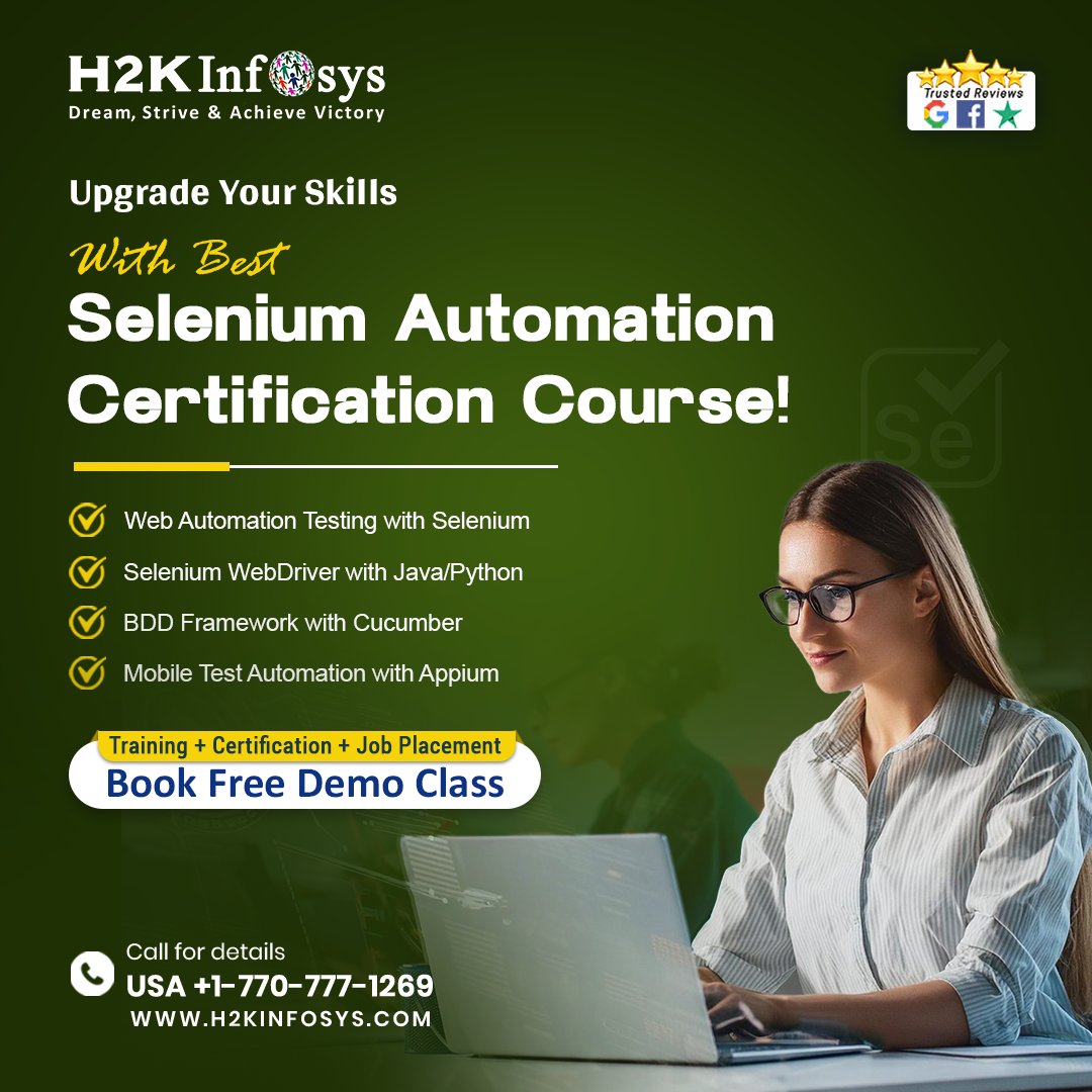 h2kinfosys's tweet image. 🚀 Upgrade Your Skills with the Best Selenium Automation Certification Course! 🚀
Learn Selenium WebDriver, Java/Python, BDD with Cucumber, & Appium for mobile automation testing!
👉 Enroll Now: h2kinfosys.com/courses/seleni…
#Selenium #AutomationTesting #SeleniumCertification #Test