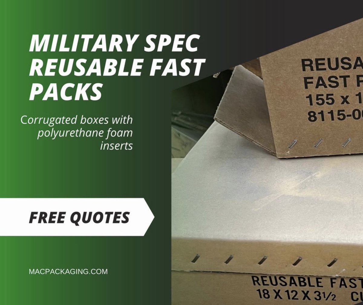 MAC_Packaging's tweet image. Our Fast Pack boxes are built tough with corrugated materials and cushioned with foam inserts to meet government specifications. 🛡️📦
Free Quotes: macpackaging.com/reusable-fast-…

#MilitaryPackaging #FastPack #DurableDesign #customboxespackaging #military #consulting #fastpacks