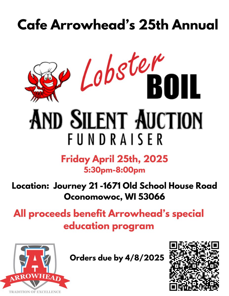 Please consider supporting our AHS Special Education students by attending our 25th Annual Lobster Boil!  Join us Friday, April 25th to interact with our students and enjoy great food and company!  Order by April 8th!

arrowhead.revtrak.net/academics/spec…