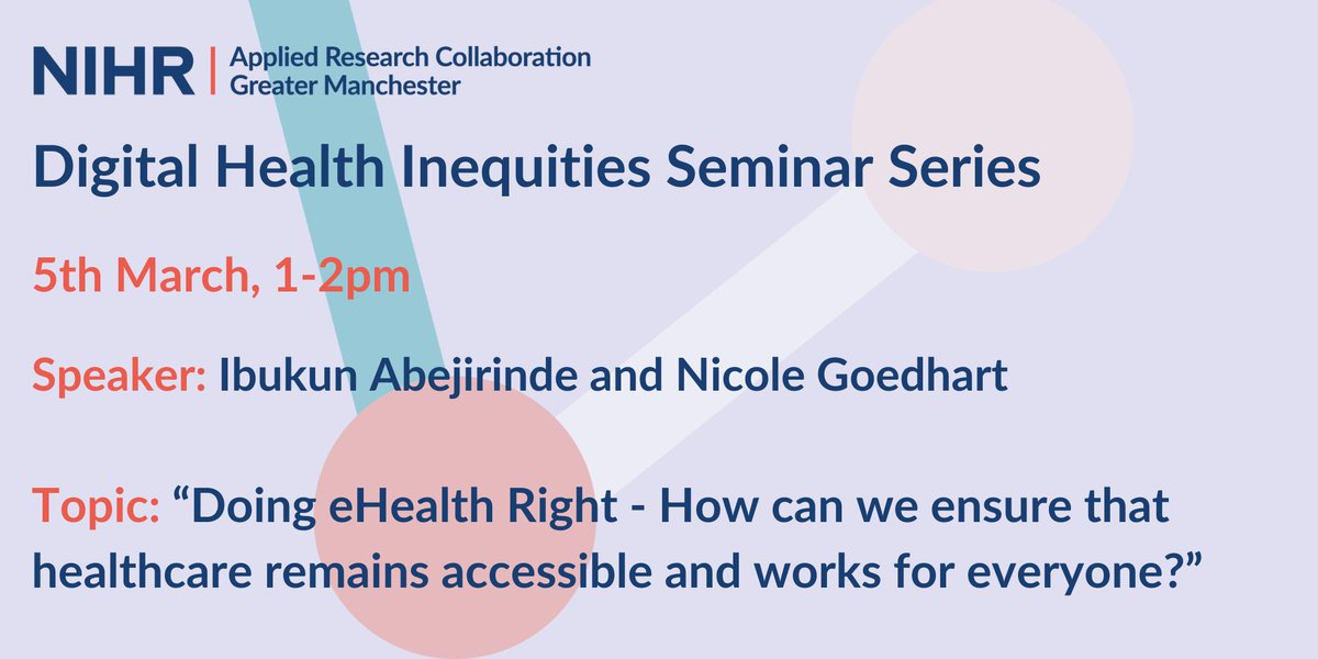 NIHR ARC Greater Manchester (@arc_gm_) on Twitter photo Don’t miss next month's discussion on bridging the digital divide in healthcare and how strong collaborative networks can chart a way forward.
📧 Email digital-inequities@manchester.ac.uk for the seminar Zoom details!
#DigitalHealth #HealthEquity Don’t miss next month's discussion on bridging the digital divide in healthcare and how strong collaborative networks can chart a way forward.
📧 Email digital-inequities@manchester.ac.uk for the seminar Zoom details!
#DigitalHealth #HealthEquity