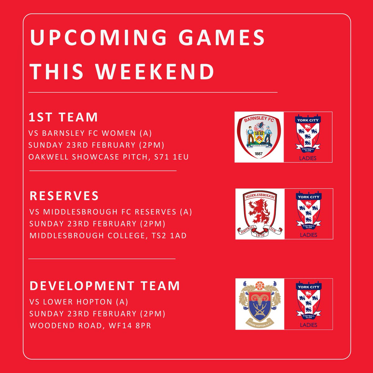 YorkCityLFC's tweet image. All 3️⃣ of our teams are on the road this weekend!

#YCLFC #MinsterBelles