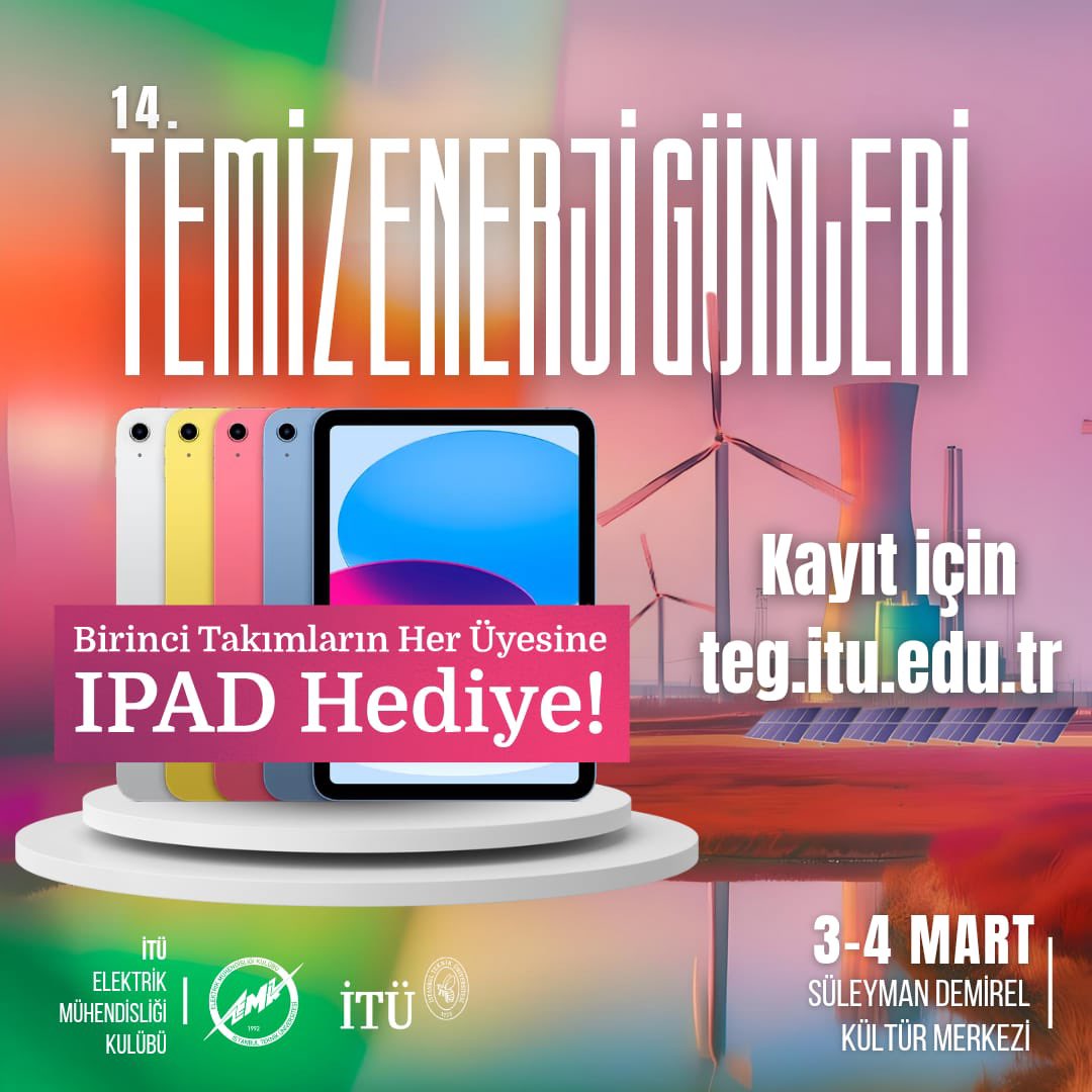 14. Temiz Enerji Günlerinde düzenleyeceğimiz vaka analizi yarışmasında kazanan takımın her üyesine birer iPad hediye 🏆🎁

Başvuru için SON GÜN 25 ŞUBAT ❗️ 

Etkinlik bileti, vaka analizi yarışması başvuruları ve detaylı bilgi için 👇 

 🔗 teg.itu.edu.tr