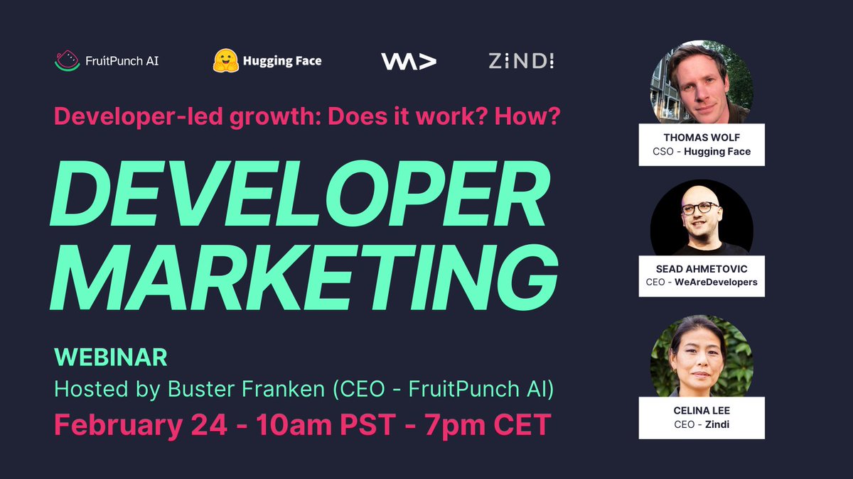 FruitPunch AI (@fruitpunchai) on Twitter photo If you haven't seen it yet; we are hosting a Developer Marketing webinar this Monday, with founders Thomas Wolf (<a href="/huggingface/">Hugging Face</a>), Celina Lee (<a href="/ZindiAfrica/">Zindi</a>) and Sead Ahmetovic (<a href="/WeAreDevs/">WeAreDevelopers</a>).
This will be big, make sure to join: linkedin.com/events/developโฆ #devrel If you haven't seen it yet; we are hosting a Developer Marketing webinar this Monday, with founders Thomas Wolf (<a href="/huggingface/">Hugging Face</a>), Celina Lee (<a href="/ZindiAfrica/">Zindi</a>) and Sead Ahmetovic (<a href="/WeAreDevs/">WeAreDevelopers</a>).
This will be big, make sure to join: linkedin.com/events/developโฆ #devrel