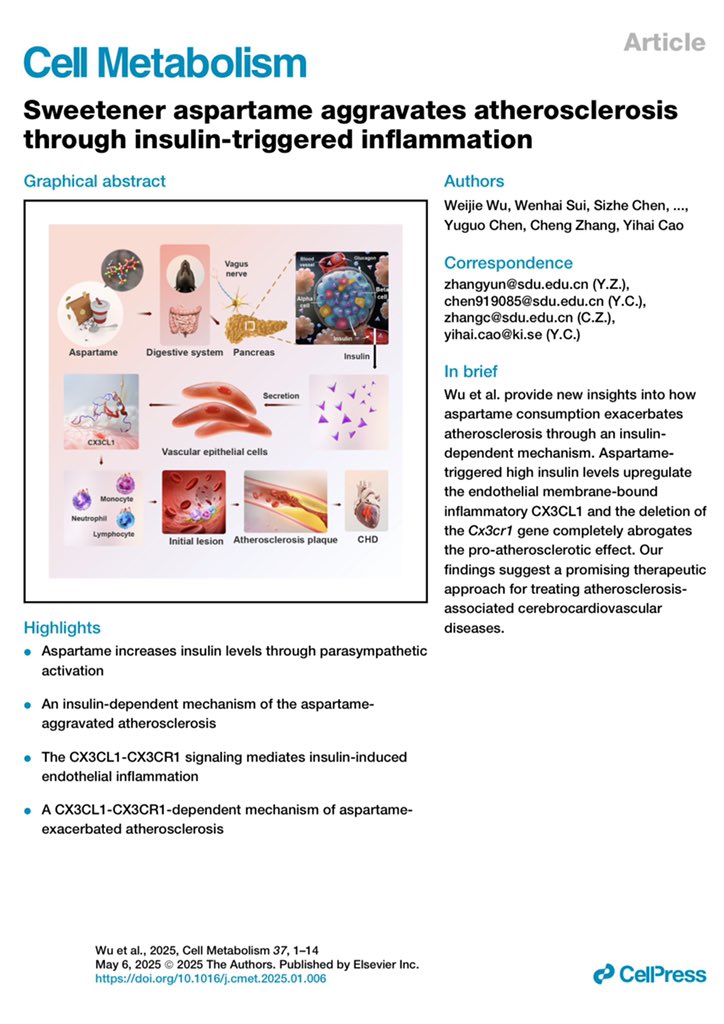 Sweetener aspartame aggravates atherosclerosis through insulin-triggered inflammation

"Our findings suggest a promising therapeutic approach for treating atherosclerosis- associated cerebrocardiovascular diseases."

sciencedirect.com/science/articl…