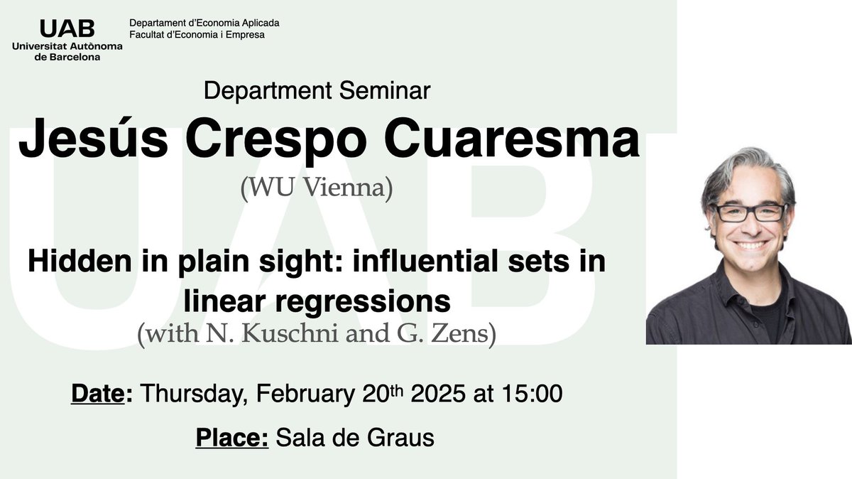Today we are happy to resume our Department Seminar series with the presentation from Jesús Crespo Cuaresma

🕛 15:00
📍Sala de Graus