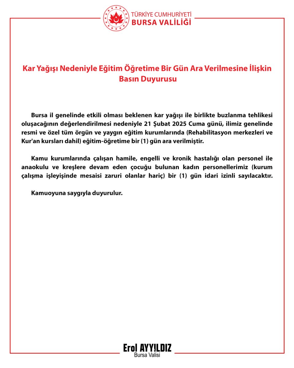 📌 Kar Yağışı Nedeniyle Eğitim Öğretime Bir Gün Ara Verilmesine İlişkin Basın Duyurusu⤵️

💬 bursa.gov.tr/kar-yagisi-ned…