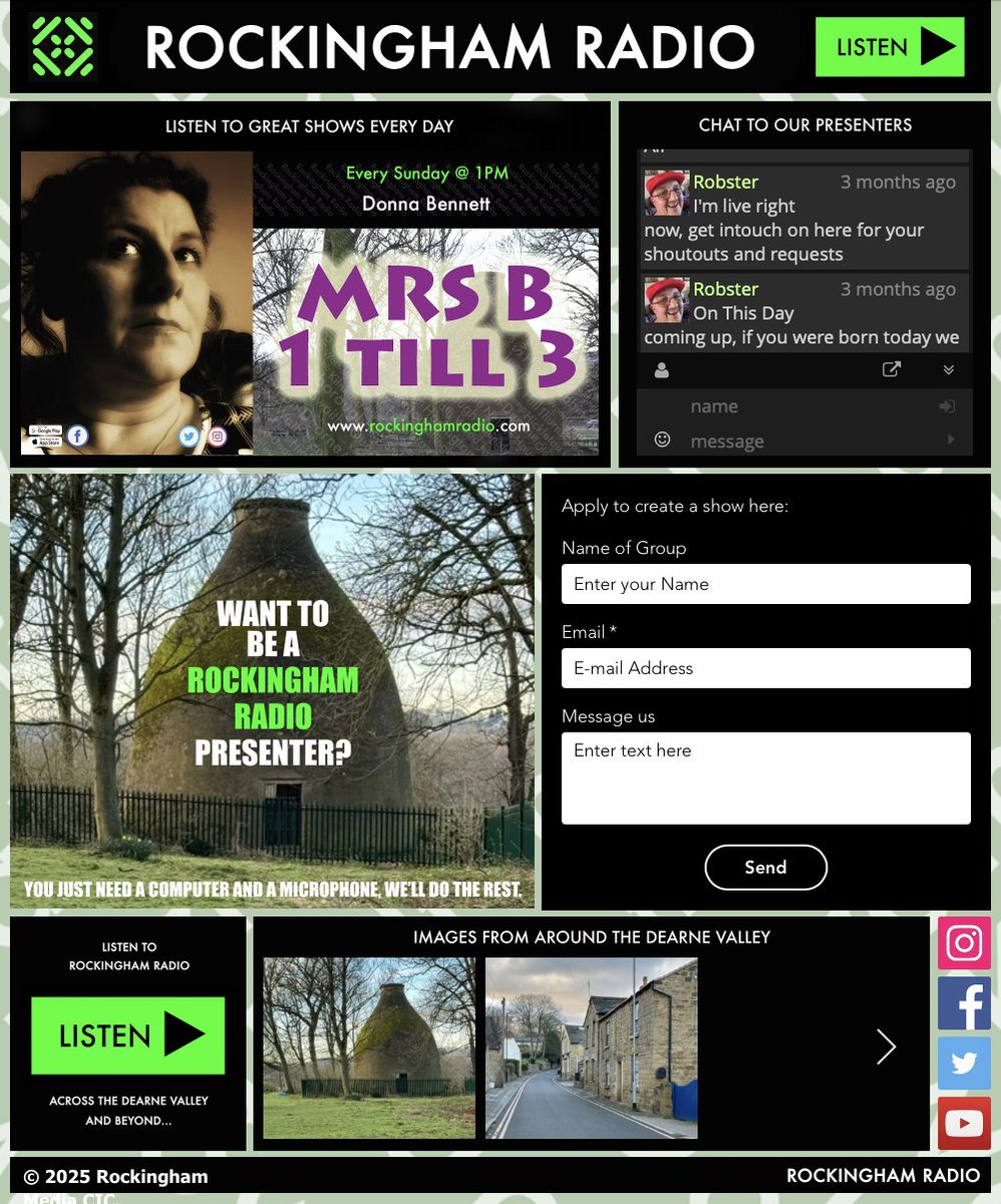 We'd like to introduce our listeners (and future listeners) to our new website:

rockinghamradio.com

You can also apply to join us and present your own Radio show, it's easy to get set up and it's great fun!

Watch out for new pages being added over the next few weeks...