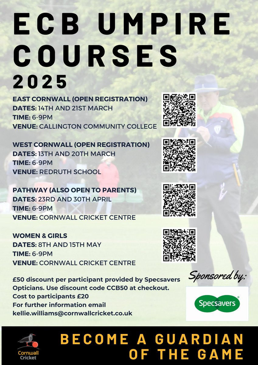 Callington Community College –shorturl.at/Ean7I

Redruth School –shorturl.at/L3n8r

Cornwall Cricket Centre –shorturl.at/Kt9hj

Cornwall Cricket Centre (Female Only) – shorturl.at/O94I8

Use Discount code 𝐂𝐂𝐁𝟓𝟎 on check out