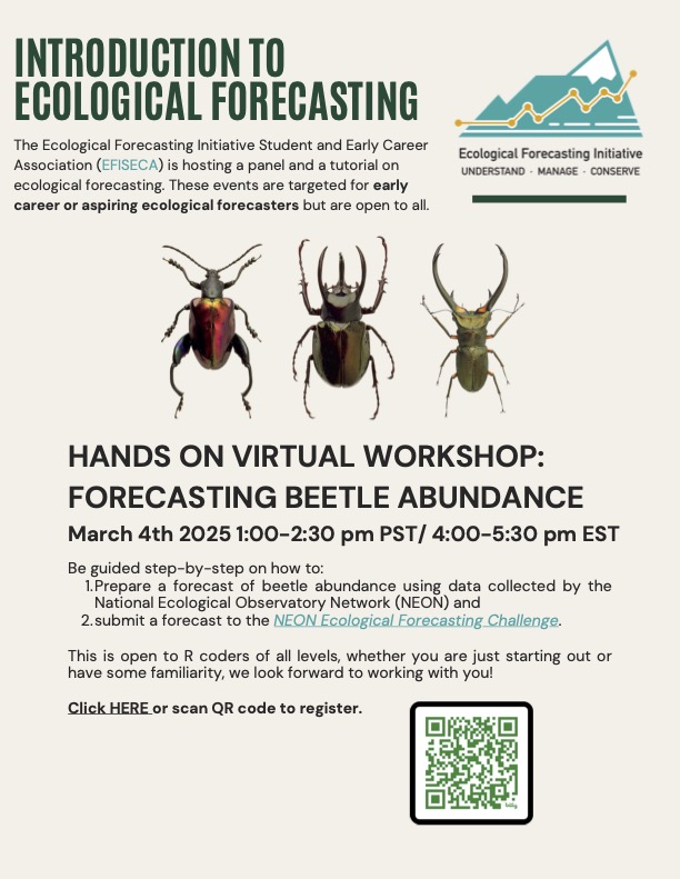Ecological Forecasting Initiative (@eco4cast) on Twitter photo Do you know any students that might be interested in ecological forecasting? The <a href="/eco4cast/">Ecological Forecasting Initiative</a>
student/early career association is hosting two workshops including a <a href="/NEON_sci/">NEON</a> beetle forecast. Both are targeted to early career (e.g., undergraduate) audiences, but are open to all! Do you know any students that might be interested in ecological forecasting? The <a href="/eco4cast/">Ecological Forecasting Initiative</a>
student/early career association is hosting two workshops including a <a href="/NEON_sci/">NEON</a> beetle forecast. Both are targeted to early career (e.g., undergraduate) audiences, but are open to all!