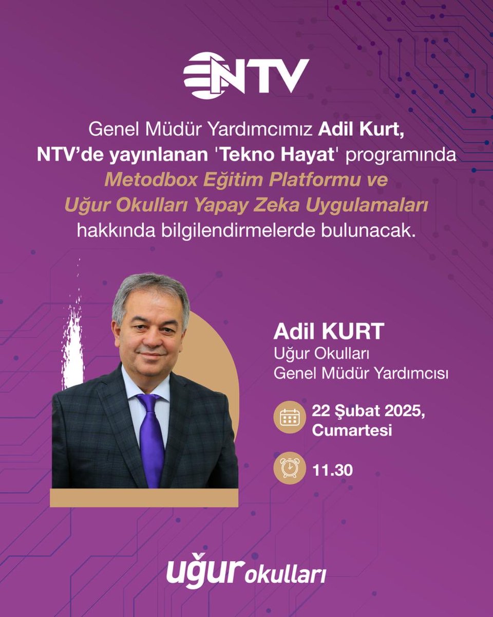 NTV'de yayınlanan Tekno Hayat Programı'nda buluşuyoruz!📢Uğur Okulları Genel Müdür Yardımcımız Adil Kurt, "Metodbox Eğitim Platformu ve Yapay Zeka Uygulamaları" anlatımıyla22 Şubat Cumartesi günü saat 11.30’da NTV’de olacak!🌟

#UğurOkulları #Metodbox #YapayZeka