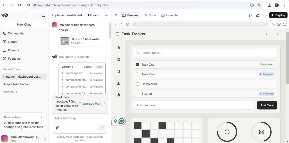 Damoqueenoo's tweet image. Just upload a design, prompt it, and let AI handle the heavy lifting! Built a task tracker dashboard, and the results were next-level!🔥

#GenerativeUI #v0dev #AI #LLMs #VisionLanguageModels #MultimodalLearning #UIDesign #ALX_AI_Starter_Kit