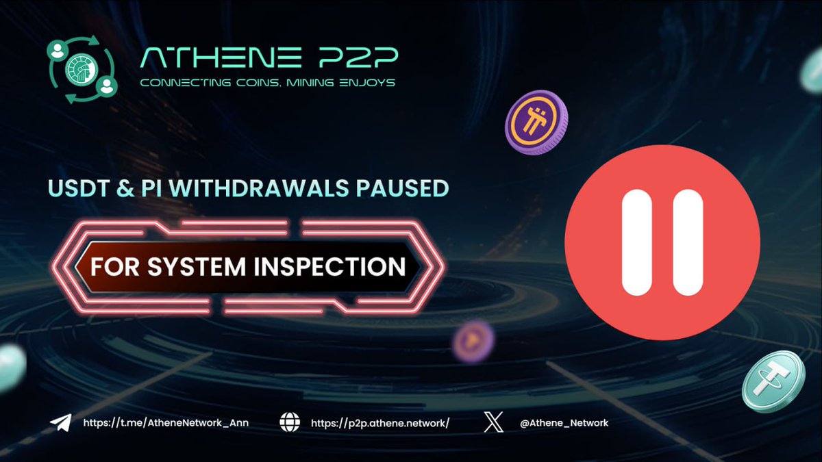 Athene_P2P's tweet photo. ⚠️ Temporary Suspension Of USDT & Pi Withdrawals

To ensure the security and integrity of our platform, Athene P2P (https://t.co/X8Vpc2qNeW) is temporarily pausing USDT and Pi withdrawals for a full system inspection. This process will take a few days, and we will provide updates as soon as possible. ⚙️ 

❤️ This suspension is part of our preparations for:
1. the delisting of ATH/USDT (https://t.co/d4JakpNOWu) on the 23rd
2. the official listing of ATH (https://t.co/hHXhwdKQWS) on major CEXs on the 25th. 

—————————————

Meanwhile, the ATH Public Sale (https://t.co/ul3IC9zXnB) is still on fire, with many favorable programs (https://t.co/28eY0N33K2) to earn USDT - such as, KYC users can receive an extra $20 reward (https://t.co/oWKOu2ZhaB)! 🔥

You don't want to sleep on those benefits while the sale is still ongoing, do you? 😎