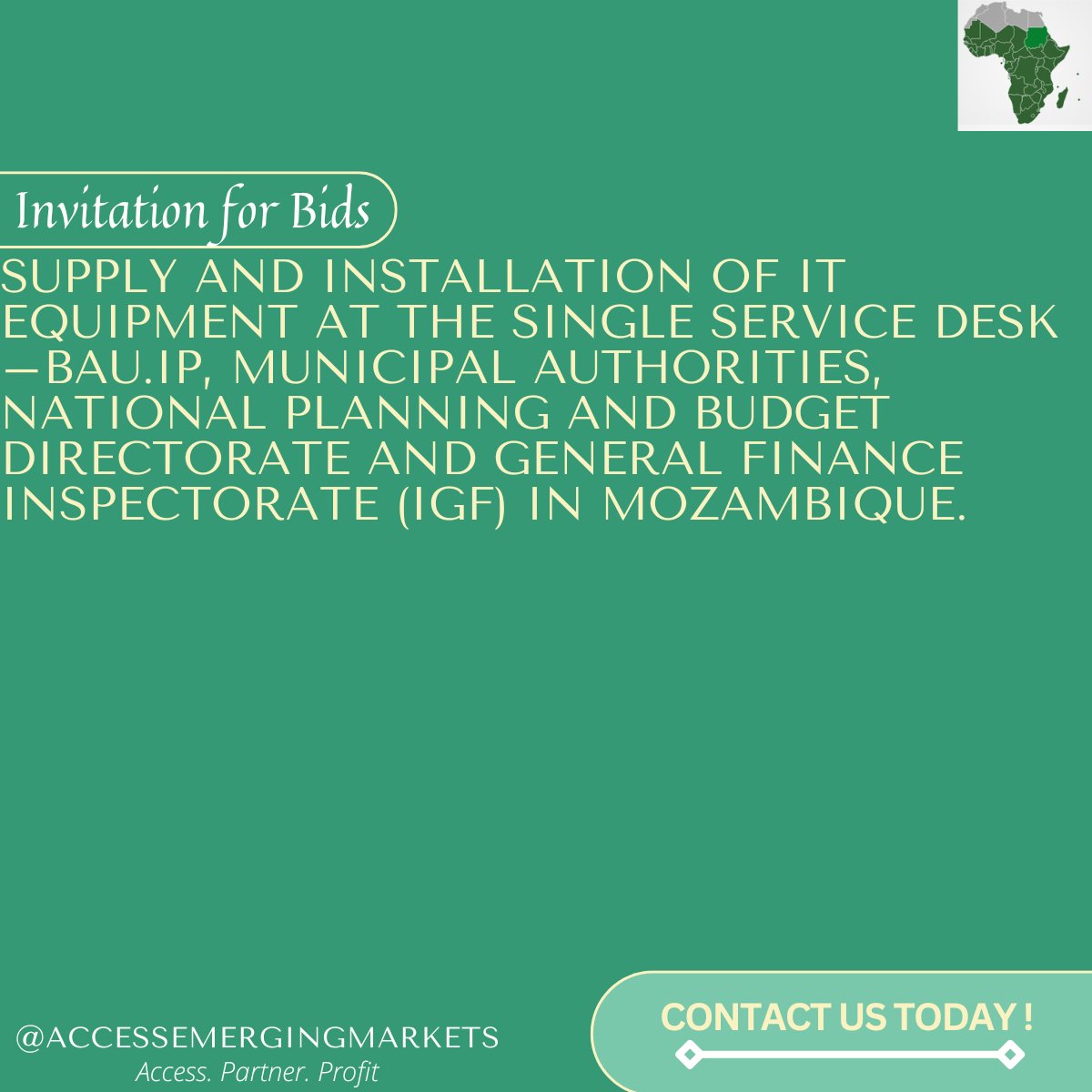 EmergingMarkett's tweet image. Contact us today to secure this project opportunity.

Check out the project details here: lnkd.in/dGAjKAjB

#TradeAndDevelopment #Opportunities #ProjectPartnership #MarketExpansion #StrategicCollaboration #Mozambique #supply #installation