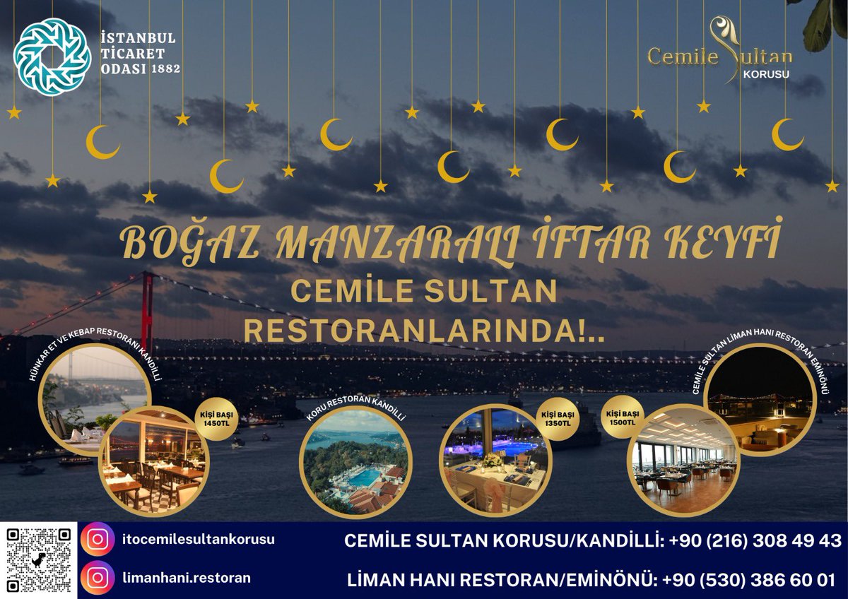 🌙 Bereketin, paylaşmanın ve huzurun ayı Ramazan geldi!🌙

📍 Cemile Sultan Korusu’nun eşsiz Restoranlarında, geleneksel Ramazan lezzetleri ve sevdiklerinizle dolu dolu iftar sofraları sizi bekliyor.

📅 Unutulmaz bir iftar deneyimi için rezervasyonunuzu şimdiden yapın!