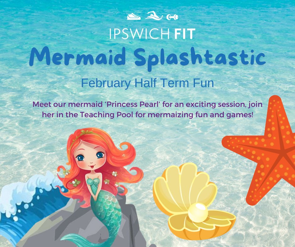 Make a splash with our mer-mazing mermaid! 🧜‍♀️💦 Tomorrow at 1:45pm - 2:45pm. Ages 4 - 10 (Children under 8 must be accompanied by an adult 16+; 1 adult can supervise up to 2 under-8s.) £9.40 per child, incl. public swim. 🚨 No mermaid tails allowed. 🔗 ipswichfit.co.uk/february-half-…
