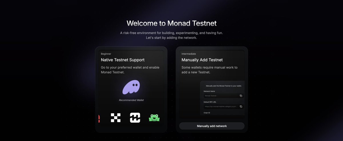 berrycrypt's tweet photo. Steps guide on Monad Testnet

Cost: $0
Raised: $244M
Airdrop: Confirmed 

Monad is a cutting-edge Layer 1 blockchain that leverages the Ethereum Virtual Machine (EVM)

You need to bookmark this to follow accordingly. Let’s get started

Two patterns here:
• Play
• Build

𝗔𝗱𝗱 𝗡𝗲𝘁𝘄𝗼𝗿𝗸

• Go to: https://t.co/hvTPrRQtOP
• Click on “Add Monad Testnet” Manually 
• Add Testnet to MetaMask automatically 
• Connect wallet to get started

𝗛𝗼𝘄 𝘁𝗼 𝗴𝗲𝘁 𝘁𝗲𝘀𝘁 𝘁𝗼𝗸𝗲𝗻𝘀? 𝗔𝗹𝘁𝗲𝗿𝗻𝗮𝘁𝗶𝘃𝗲𝗹𝘆:)

1) https://t.co/5SfgbeQA4F
2) https://t.co/eSuXI7fUJ5

3) Monad also distributed free tokens to all active EVM wallets

You can check your wallet here:
https://t.co/3BLrsDMD6o

4) Login monad with your discord to claim if qualified..

• Full Access Role = 5 MON
• If you have at least 0.01 ETH on Ethereum Mainnet = 2 MON
• Got none? You’ll get at least 0.05 MON

𝗠𝗮𝗸𝗲 𝗦𝗼𝗺𝗲 𝗦𝘄𝗮𝗽𝘀

• Scroll down on the dashboard 
• Trade on Moyaki, Molandak, Chog

𝗣𝗹𝗮𝘆 𝗙𝗮𝗻𝘁𝗮𝘀𝘆 𝗧𝗼𝗽

• Go to: https://t.co/dbORLWlsQA
• Register, claim fmon and play 
• Participate in tornament and win prizes 

On the dashboard, Try Featured Apps on Monad:\

𝗣𝗼𝘁𝗲𝗻𝘁𝗶𝗮𝗹 𝗶𝗻𝘁𝗲𝗿𝗮𝗰𝘁𝗶𝗼𝗻𝘀 𝘁𝗼 𝗮𝗱𝗱 𝗯𝗲𝗹𝗼𝘄

• Login to Register @ChogNFT premint
https://t.co/hiXghXDKd4

• Mint your domain name on @NadDomains
https://t.co/jzBBlZx3h0

• Mint @chogstarrr for a chance
https://t.co/OtNkLvEG7p

• Mint this on @monadverse
https://t.co/ASoLTOx5Lg

𝗧𝗿𝘆 𝗼𝘂𝘁 𝗠𝗼𝗻𝗮𝗱 𝗲𝗰𝗼𝘀𝘆𝘀𝘁𝗲𝗺:)
https://t.co/1C9f9vGzdx

Note: Take your time to reflect on this daily to build up interactions 

That’s all for now
Please Like & Repost 💜

Follow my WhatsApp channel 
https://t.co/T2hvtcgp8o

Join my TG channel for guidance
https://t.co/eGpeJtcrVS