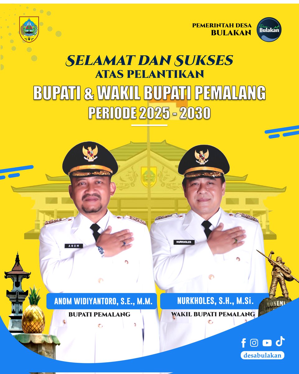 Selamat dan sukses atas pelantikan Bupati dan Wakil Bupati Pemalang, periode 2025-2030 🙏