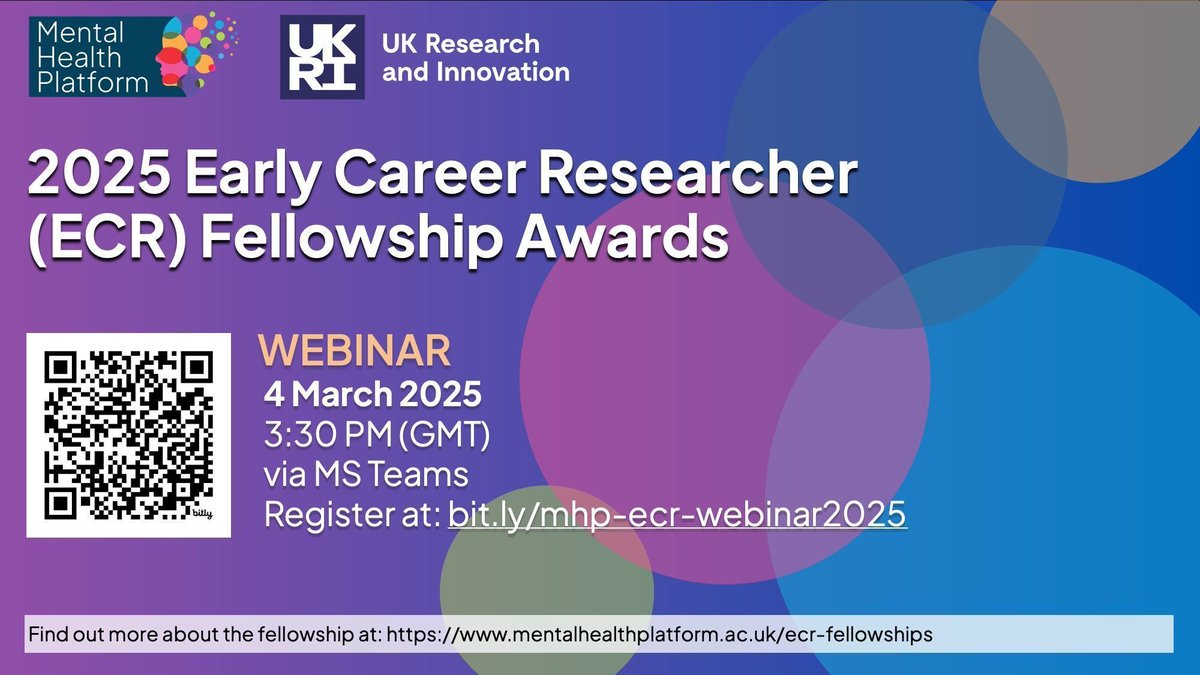 UKRI Mental Health Platform (@mhplatform) on Twitter photo Join us on March 4th 2025 for the Early Career Researcher Awards Webinar!
Applications for our ECR Fellowship Awards open March 1st with funding up to £300k for UK-based researchers.
Register here: bit.ly/mhp-ecr-webina…
Send advance questions to mhp@ed.ac.uk Join us on March 4th 2025 for the Early Career Researcher Awards Webinar!
Applications for our ECR Fellowship Awards open March 1st with funding up to £300k for UK-based researchers.
Register here: bit.ly/mhp-ecr-webina…
Send advance questions to mhp@ed.ac.uk