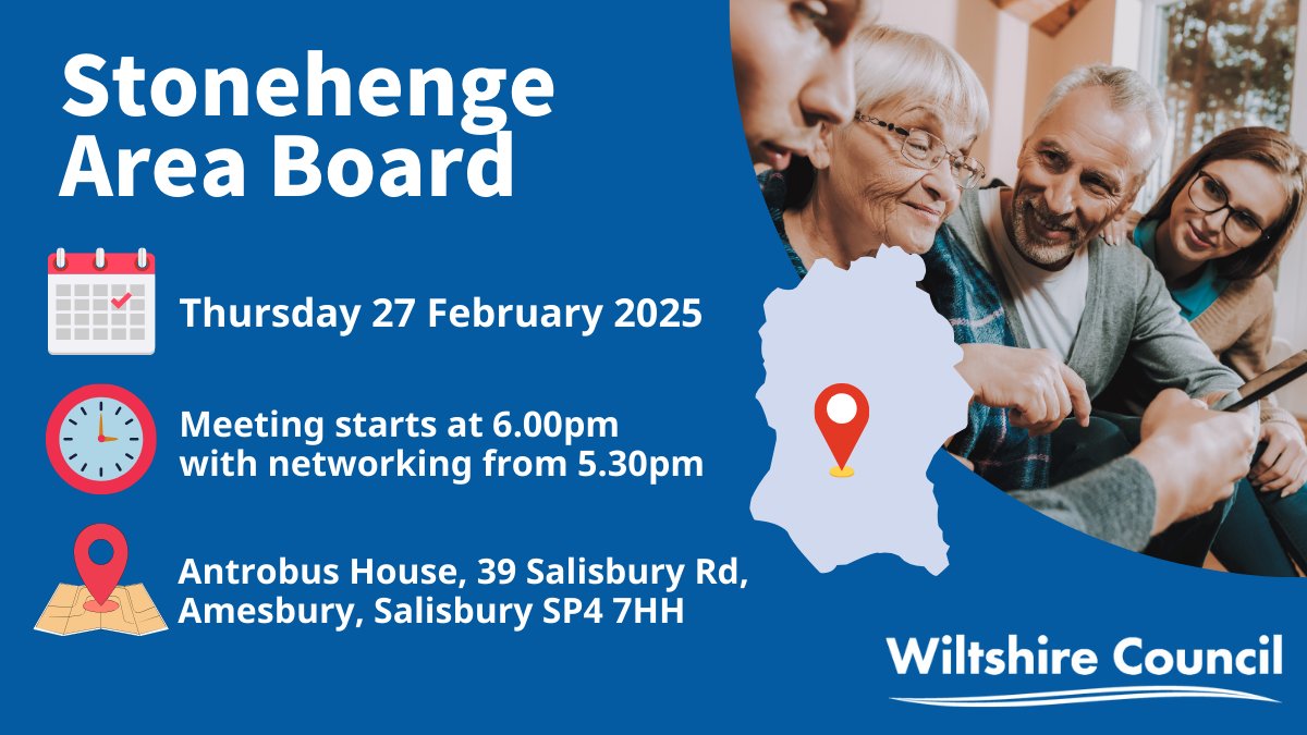 Stonehenge Area Board Meeting on Thursday 27th February at 6.30pm!

Join residents, councillors and community partners. Discuss and hear updates as well as hearing about local priorities &amp; grant funding. 

Find out more 👉 orlo.uk/Stonehenge_Are…