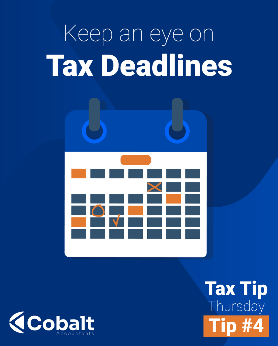 CobaltAcct's tweet photo. ⬇️ #TaxTipThursday ⬇️

Avoid late fees and penalties by staying ahead of tax deadlines. Mark your calendar now so you're prepared! ⏳ 

Need a bit of help managing deadlines and important accounting dates? Cobalts can provide you with helpful reminders throughout the year. https://t.co/XzGGHECkPB