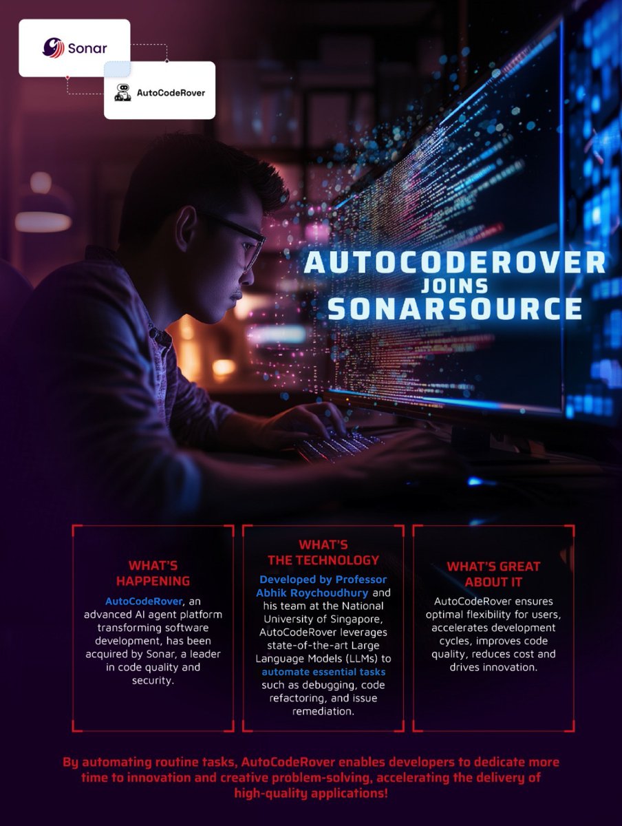 AbhikRoychoudh1's tweet image. Excited to share an opinion piece on the future of AI-powered Software Engineering following the acquisition of our NUS spinoff AutoCodeRover (now Sonar). Check out our opinion piece that just hit the public domain today! 🚀 co-authored with Corina Pasareanu, Michael Pradel,…