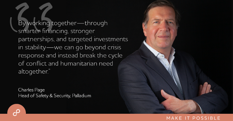 PalladiumImpact's tweet photo. War can bring displacement, famine, and economic collapse, creating conditions for further instability and conflict. At Munich Security Conference, Palladium Head of Security Charles Page reflects breaking the cycle of conflict and humanitarian need. Read more: