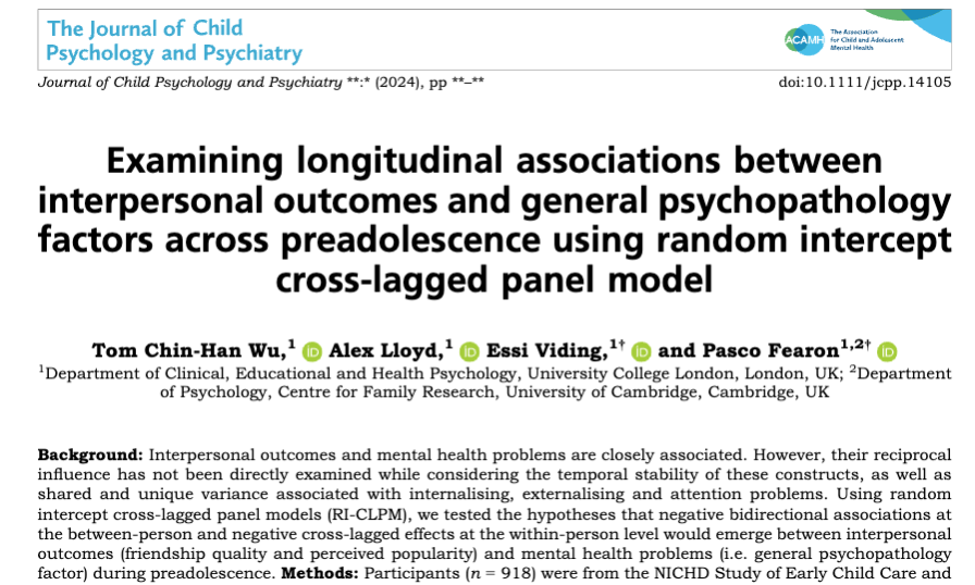 📰 In case you missed it! New publication in <a href="/TheJCPP/">Journal of Child Psychology and Psychiatry</a>  from ReSET Postdoctoral Research Fellow <a href="/TCH__Wu/">Tom_Wu</a>  exploring longitudinal associations between interpersonal outcomes and general psychopathology factors, read it here: pubmed.ncbi.nlm.nih.gov/39731442/