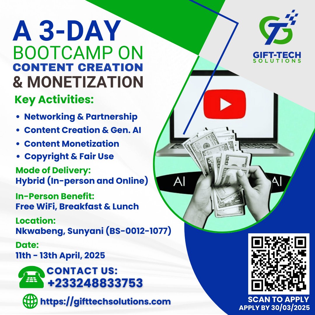 GiftTechSoluti1's tweet photo. 🚀 Content Creation &amp; Monetization Bootcamp! 💰🎥

Learn to create &amp; monetize content on YouTube, TikTok &amp; more! AI-powered content, AdSense, copyright rules &amp; hands-on training.

📍 Sunyani | 🍽 Meals | 📶 Free WiFi | 📜 Certificate

🔗 Register now! Scan the QR code. https://t.co/WXXHPB5HXm