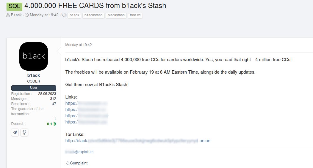 KrakenLabs_Team's tweet photo. ๐จ 4M leaked credit cards at risk๐จ
A cybercriminal group, #b1ack, has annouced the release 4M stolen credit card details ๐ณ for free on underground forums. This data dump could lead to a surge in fraud & financial crime.
The leak serves as a promotion for their carding automated vending cart (AVC) shop, b1ackโs Stash, where clients can already download the stolen data free of charge.
#CyberSecurity #ThreatIntel #DarkWeb #FraudDetection #FinancialCrime #creditcards