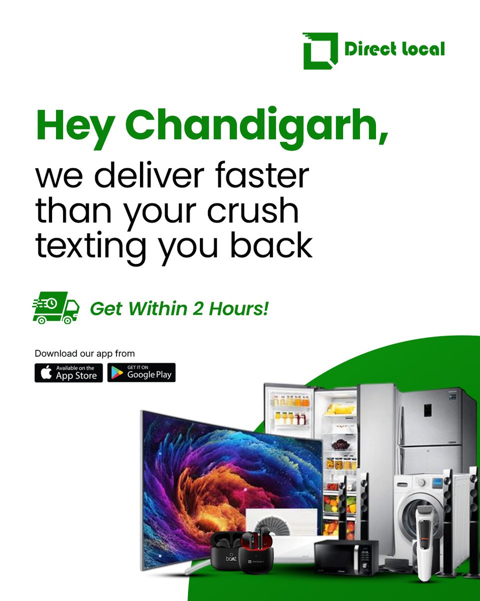 directlocalnow's tweet photo. Hey Chandigarh!
We deliver faster than your crush texts you back! 📷📷 Get your favorite electronics &amp; appliances within 2 hours! 
Download the Direct Local app now:
App Store | Google Play

#FastDelivery #Chandigarh #SameDayDelivery #ShopNow #DirectLocal #InstantDelivery https://t.co/pnBVrcUax7