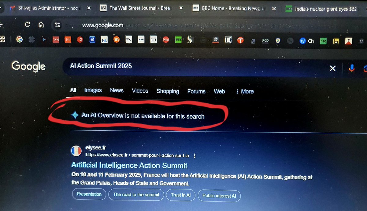 nocabbagesbj's tweet photo. Was searching for the *AI Action Summit 2025* - and look what I found!

*AI Overview is NOT available for this search!*

Irony just died! 😂 #AI #technology #France https://t.co/Iqoeo21xmA