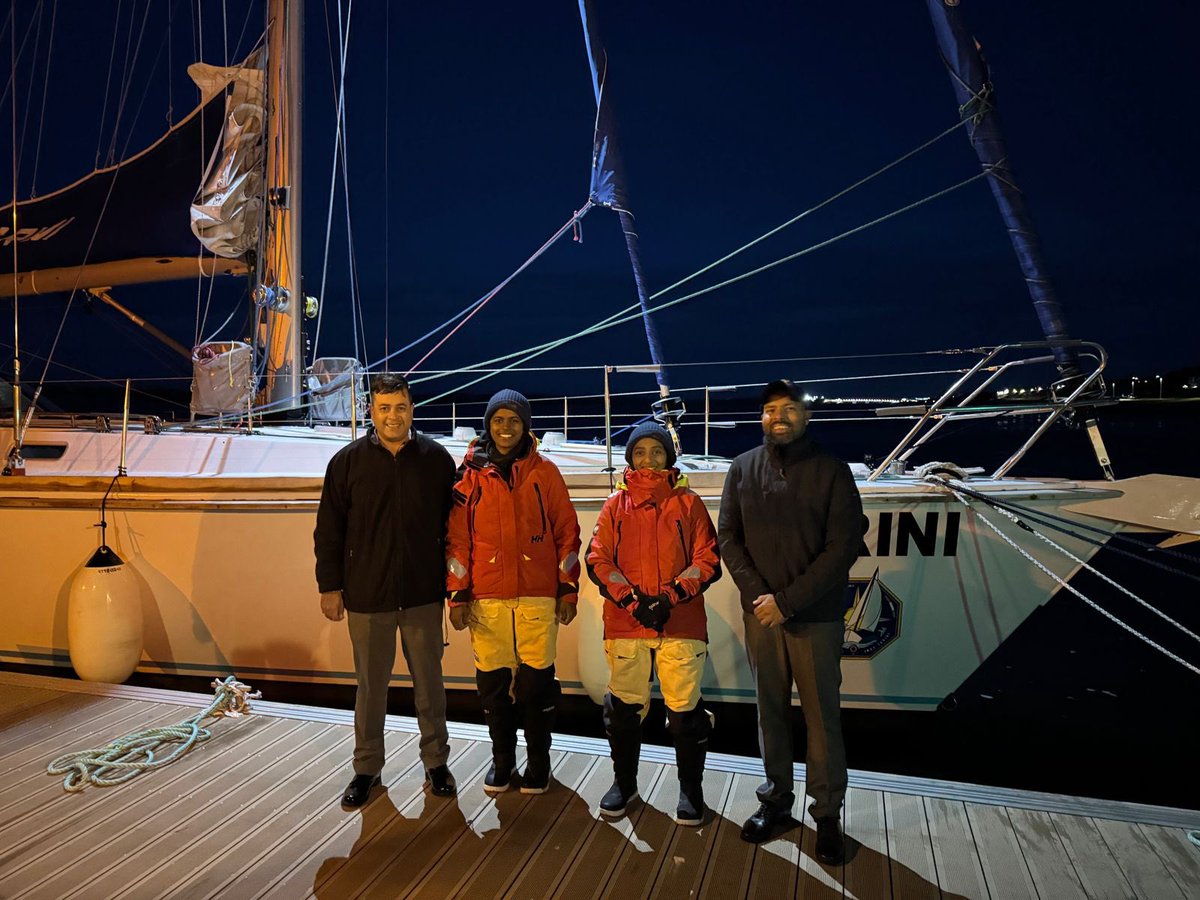 indiannavyupd's tweet photo. At about 0515h IST on #18Feb 25, #INSVTarini, with Lt Cdr Dilna K & Lt Cdr Roopa A, entered Port Stanley after successfully crossing #CapeHorn!
A proud moment for India 🇮🇳🫡
#NavikaSagarParikrama_II
#IndianNavyWomen Courageous Hearts, Boundless Seas https://t.co/9wVlT7UWMz