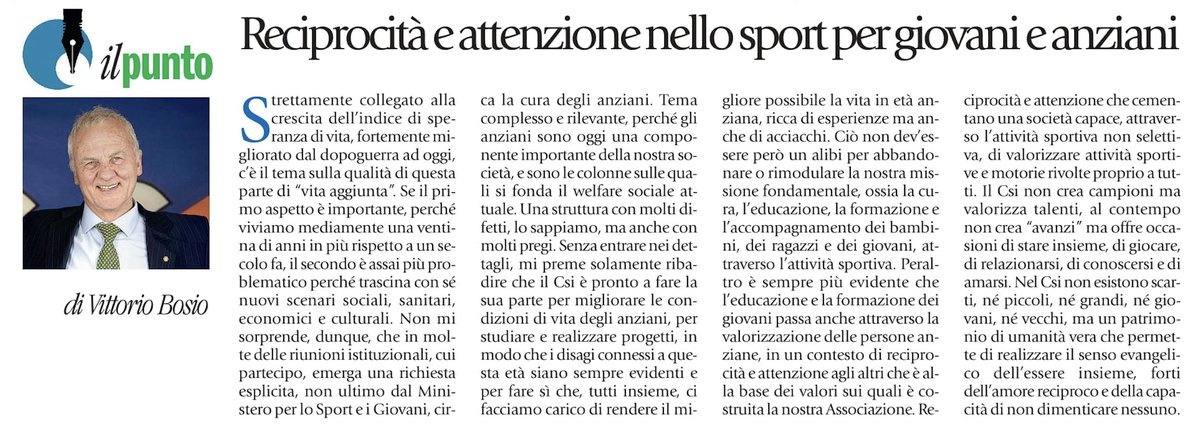 🗣️ Reciprocità e attenzione nello sport per giovani e anziani
✍️ L’editoriale del Presidente nazionale <a href="/ViBosCsi/">Vittorio Bosio</a> su <a href="/Avvenire_Nei/">𝐀𝐯𝐯𝐞𝐧𝐢𝐫𝐞</a> di oggi #20febbraio
👇 centrosportivoitaliano.it//notizie/notiz…