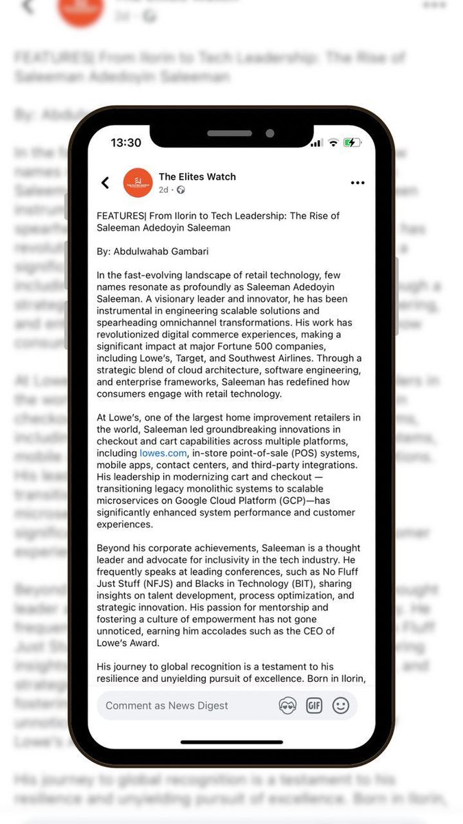 sassaleeman's tweet photo. Over the past few weeks, I’ve been deeply moved by a series of publications written by my mentee, Abdulwahab Gambari. In one of his articles, Wahab, a passionate tech enthusiast and postgraduate student in Lagos, beautifully chronicled my story—one I shared with him during our many interactions. Now, he has brought it to the public eye, shedding much-deserved light on it.

I strongly believe in the power of building both personal and corporate goals and showing genuine commitment to those aspirations. I am truly grateful to Wahab and all the young Kwarans who look to me for mentorship. I want them to know that I will always be here to offer support and lend a listening ear, no matter what.

Read the full article on Premium Times: https://t.co/5A2oySr1XR

SAS