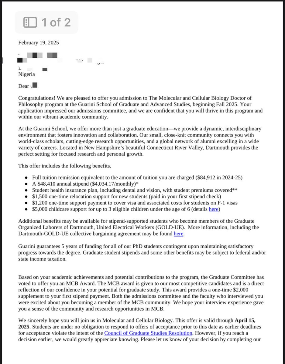 An MT Scholar just won a fully funded scholarship to an Ivy League school, Dartmouth College.

Here’s what is in the package:

Full tuition remission = $84,912/yr

Stipend = $48,410/yr

Student health insurance plan, including dental and vision, with student premiums fully paid