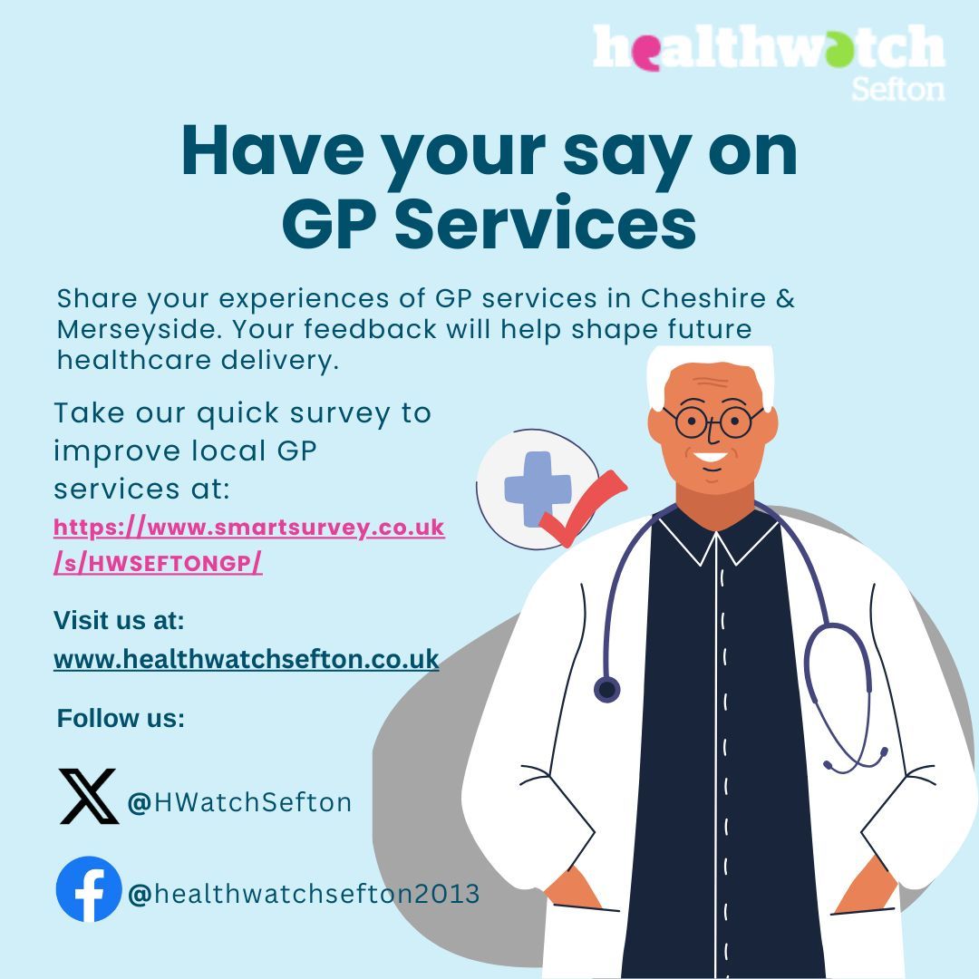 Have your say on local GP services. Our GP survey aims to understand your experience of accessing GP services over the past year. Your feedback will help highlight what’s working and where improvements are needed. 

Access the survey buff.ly/4fhKcm7

#healthwatchsefton