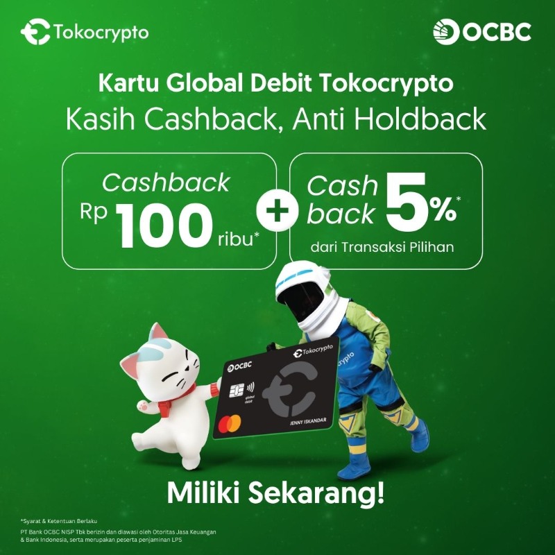 Tokocrypto's tweet photo. Jangan sampai ketinggalan menjadi orang pertama yang memiliki TOKOCRYPTO x OCBC Global debit card! Pertama di Indonesia. 

Dapatkan:
🤯 Cashback hingga Rp 100rb*
🤑 Bebas biaya admin dan biaya konversi* tarik uang di luar negeri

Daftar Sekarang ➡️➡️