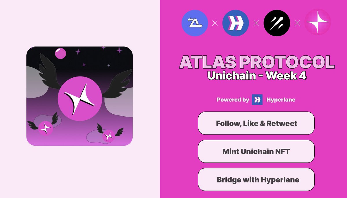 Atlas Protocol (@atlasprotocolio) on Twitter photo Galxe Task - Week 4
Complete our Mission and get your Unichain NFT! 🦄
Powered by <a href="/hyperlane/">Hyperlane ⏩</a>
📌 app.galxe.com/quest/BKjJijgC…
⛽️ Get Unichain Gas Fees here: gas.zip Galxe Task - Week 4
Complete our Mission and get your Unichain NFT! 🦄
Powered by <a href="/hyperlane/">Hyperlane ⏩</a>
📌 app.galxe.com/quest/BKjJijgC…
⛽️ Get Unichain Gas Fees here: gas.zip